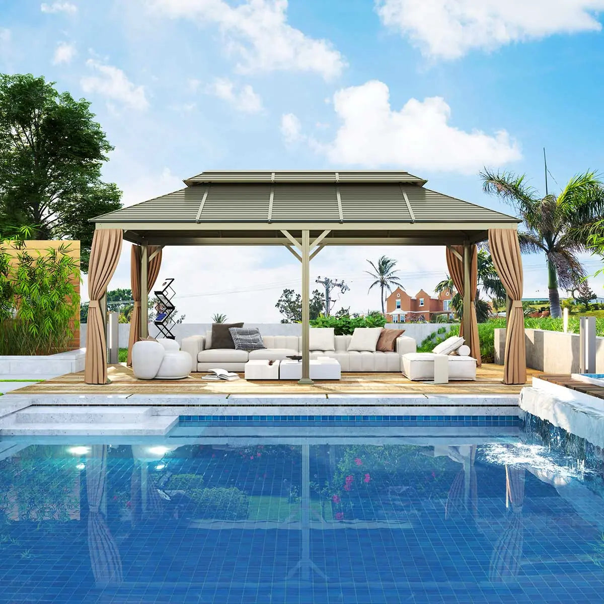10’ X 20’ Hardtop, Double Tier Steel Roof Patio Gazebo, Mosquito Nets & Curtains Included, TMG-LGZ21