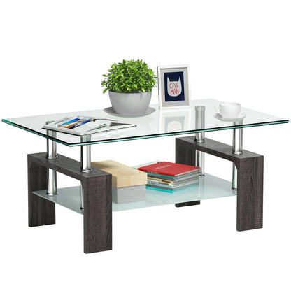 Wood Tempered Glass Top Coffee Table Rectangular W/ Shelf Home Furniture