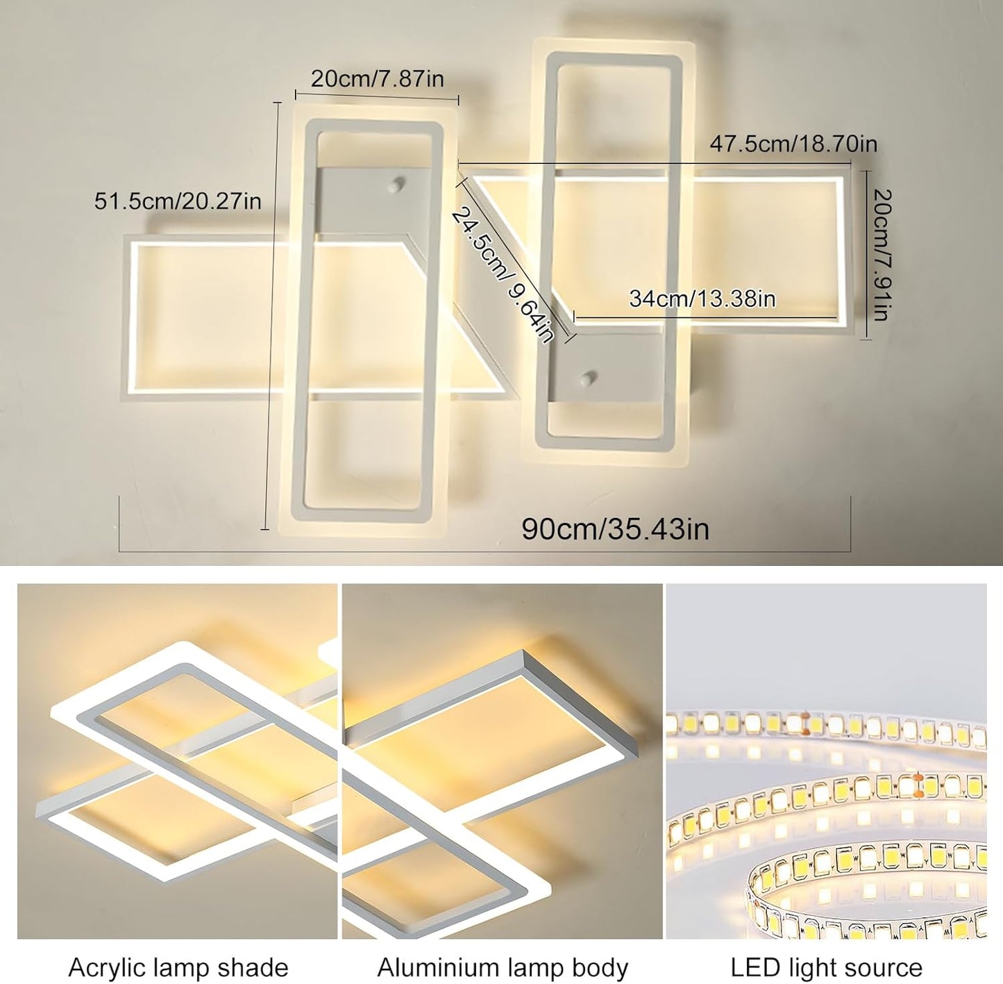 Dimmable Ceiling Light for Living Room,4 Squares Modern LED Ceiling Lamp with Remote Control,80W Acrylic Flush Mount Ceiling Light Fixture for Dining Room Bedroom Kitchen(White)