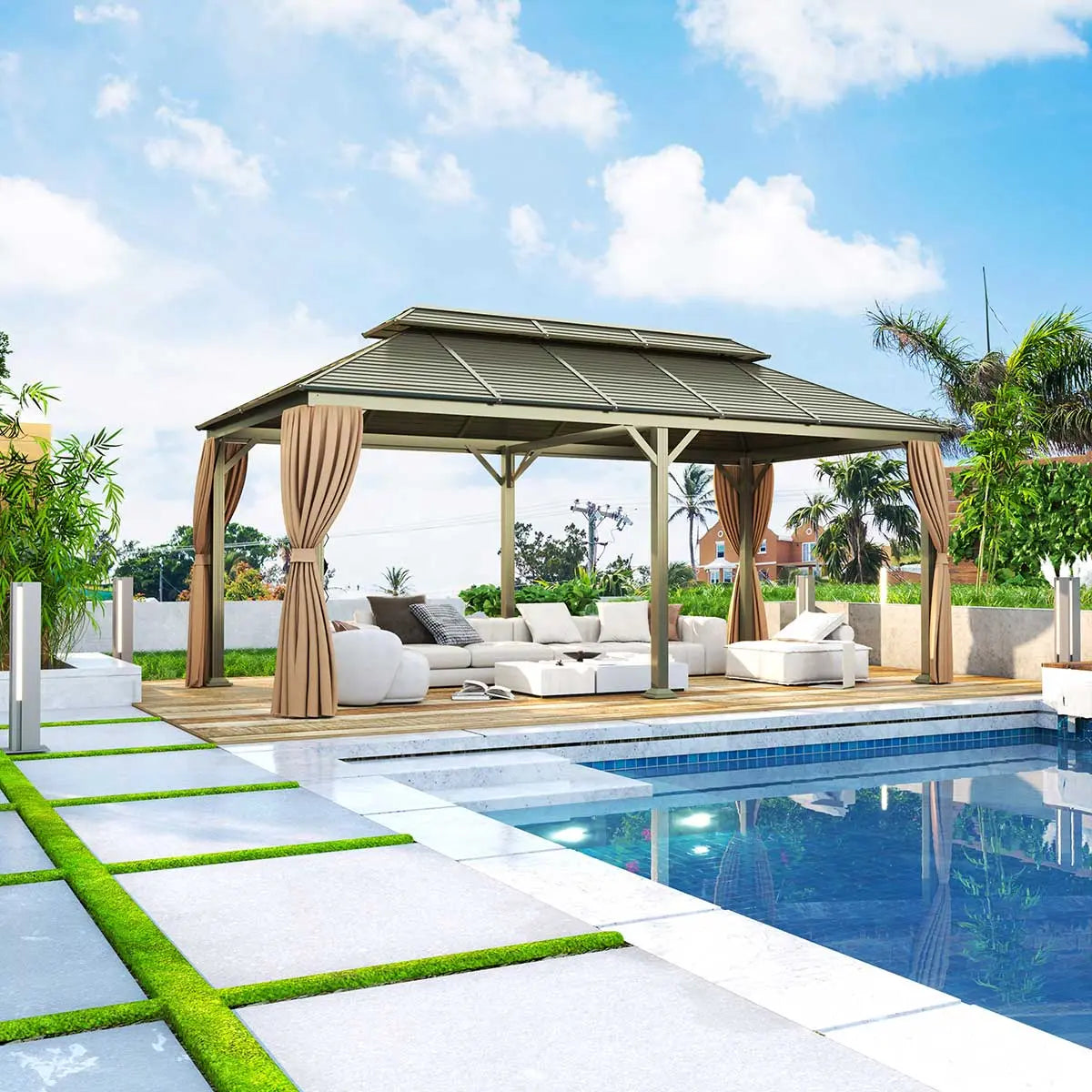 10’ X 20’ Hardtop, Double Tier Steel Roof Patio Gazebo, Mosquito Nets & Curtains Included, TMG-LGZ21