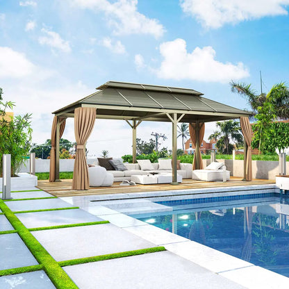 10’ X 20’ Hardtop, Double Tier Steel Roof Patio Gazebo, Mosquito Nets & Curtains Included, TMG-LGZ21