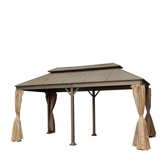 10’ X 20’ Hardtop, Double Tier Steel Roof Patio Gazebo, Mosquito Nets & Curtains Included, TMG-LGZ21
