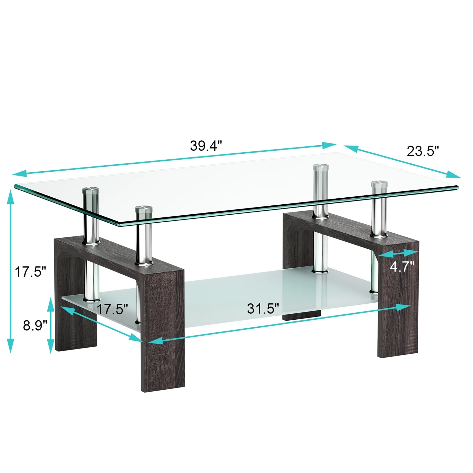 Wood Tempered Glass Top Coffee Table Rectangular W/ Shelf Home Furniture