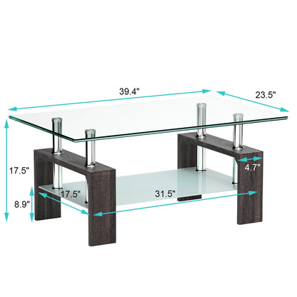 Wood Tempered Glass Top Coffee Table Rectangular W/ Shelf Home Furniture