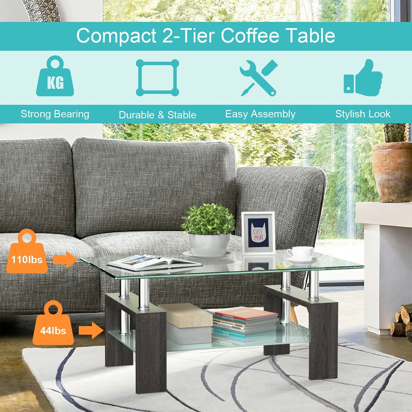 Wood Tempered Glass Top Coffee Table Rectangular W/ Shelf Home Furniture