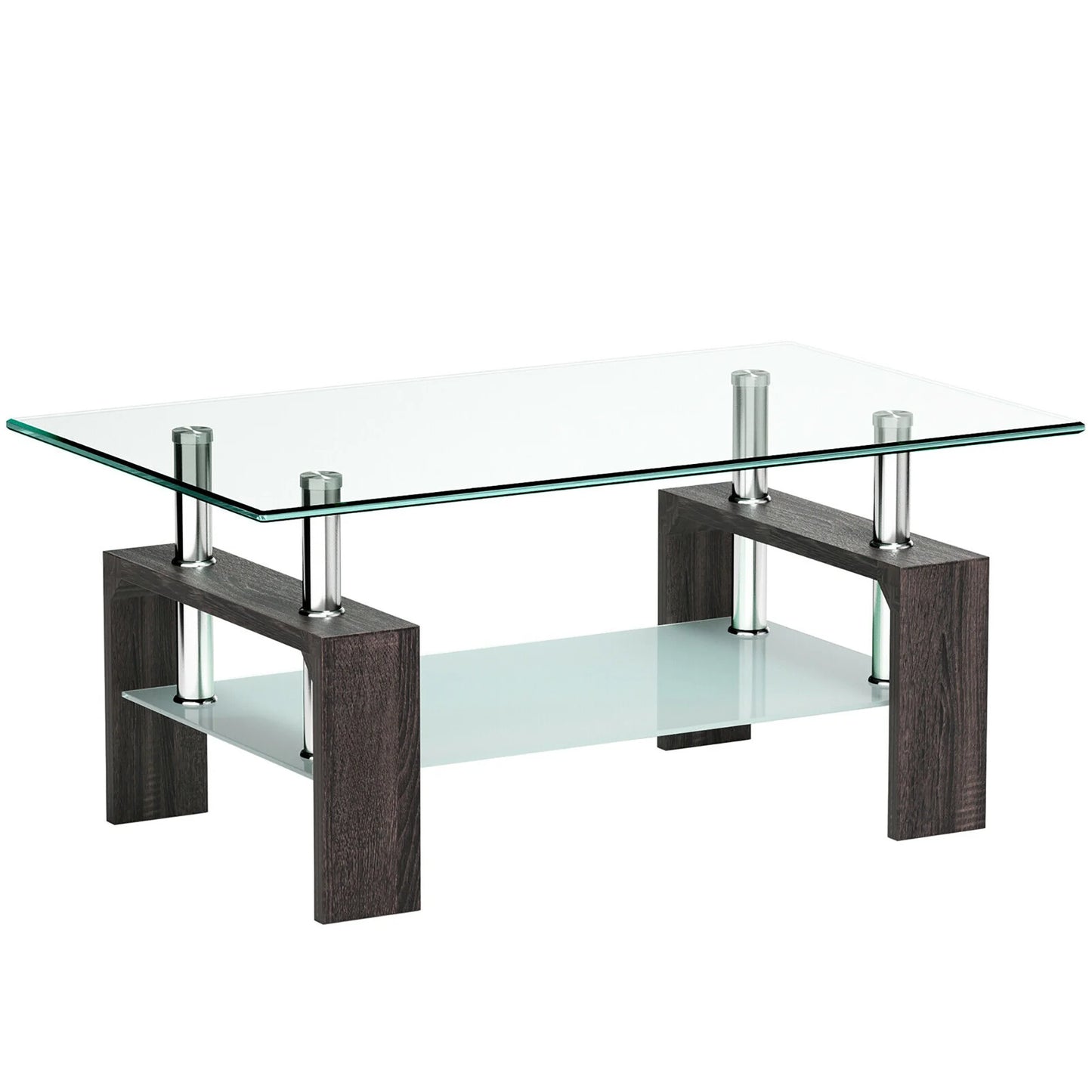 Wood Tempered Glass Top Coffee Table Rectangular W/ Shelf Home Furniture