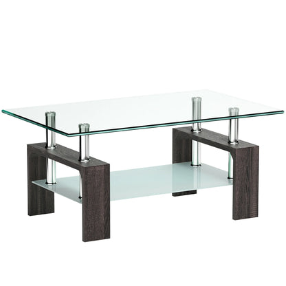 Wood Tempered Glass Top Coffee Table Rectangular W/ Shelf Home Furniture