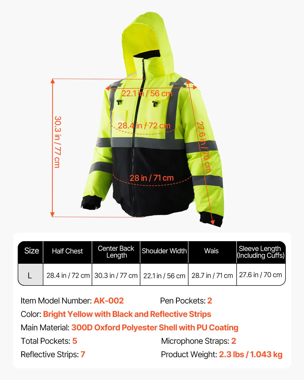 High Visibility Reflective Safety Jacket Waterproof Winter Coat Yellow-Black L