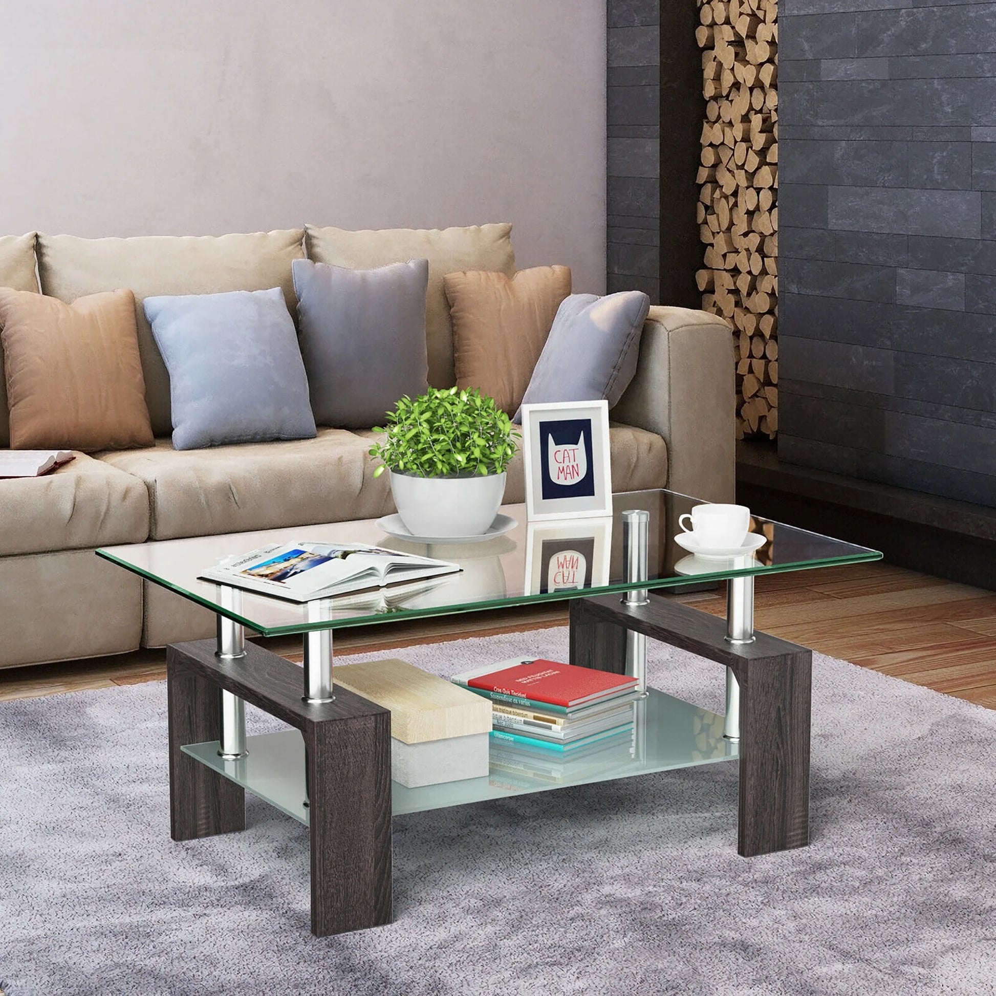 Wood Tempered Glass Top Coffee Table Rectangular W/ Shelf Home Furniture