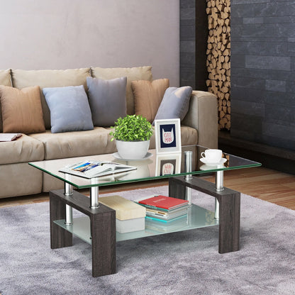 Wood Tempered Glass Top Coffee Table Rectangular W/ Shelf Home Furniture
