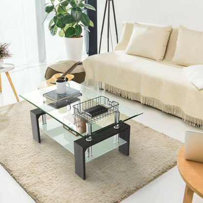 Wood Tempered Glass Top Coffee Table Rectangular W/ Shelf Home Furniture
