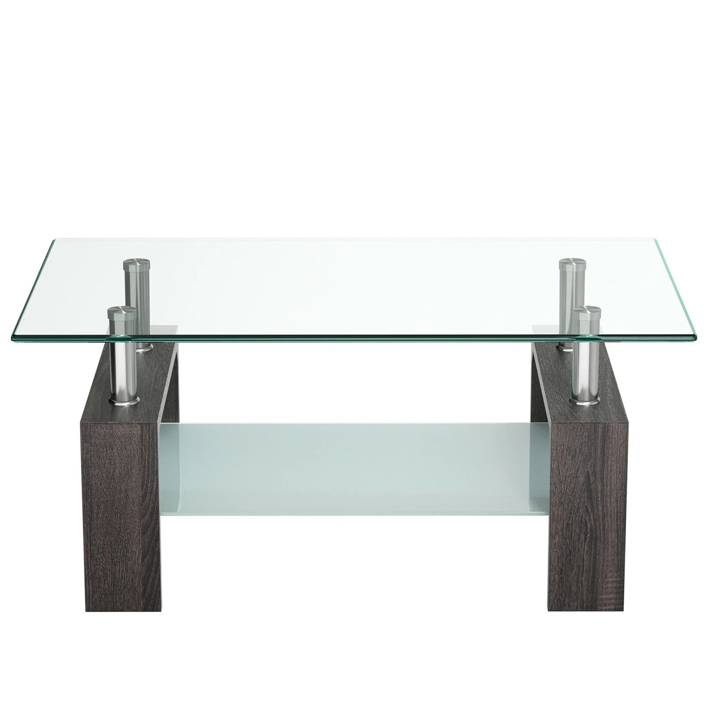 Wood Tempered Glass Top Coffee Table Rectangular W/ Shelf Home Furniture