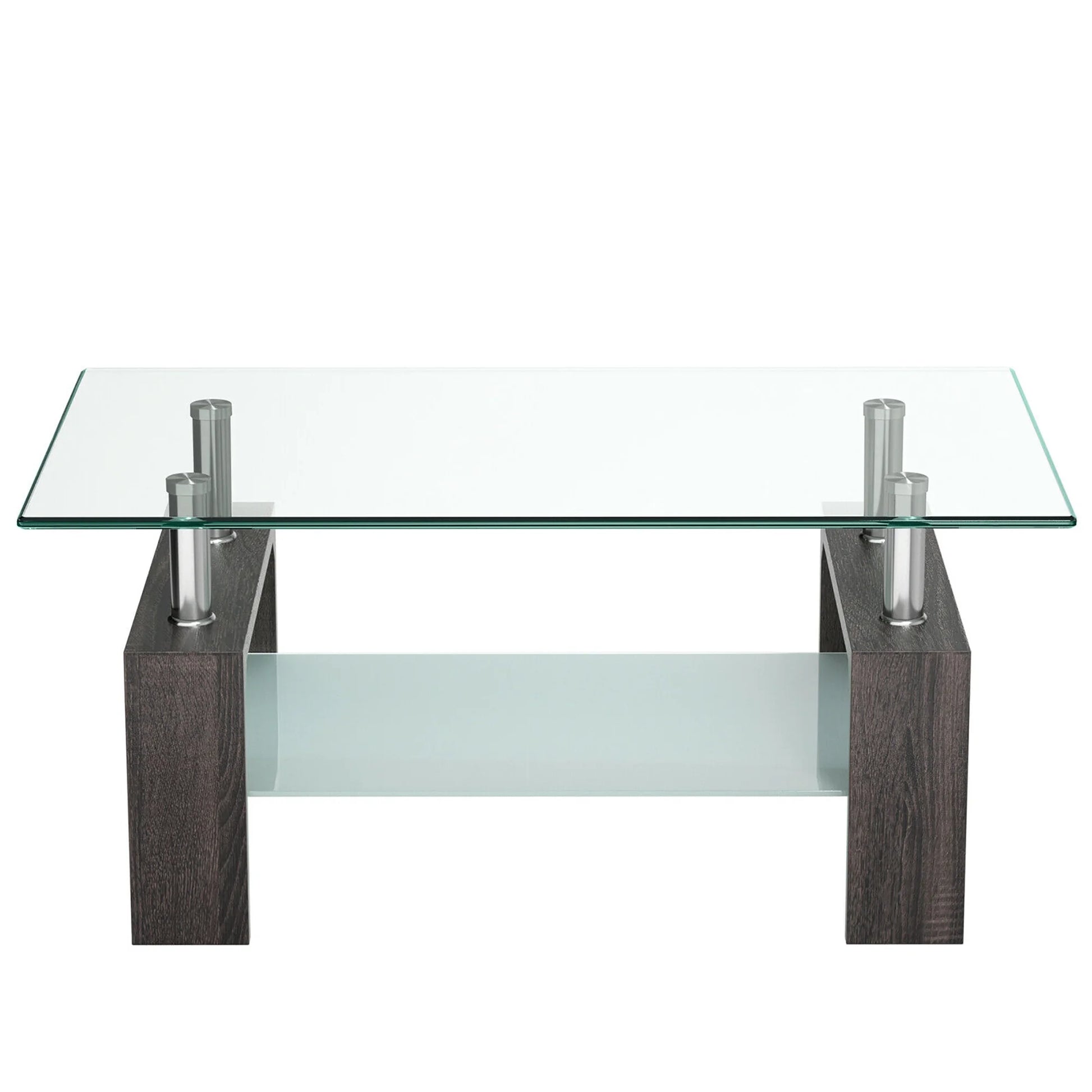 Wood Tempered Glass Top Coffee Table Rectangular W/ Shelf Home Furniture